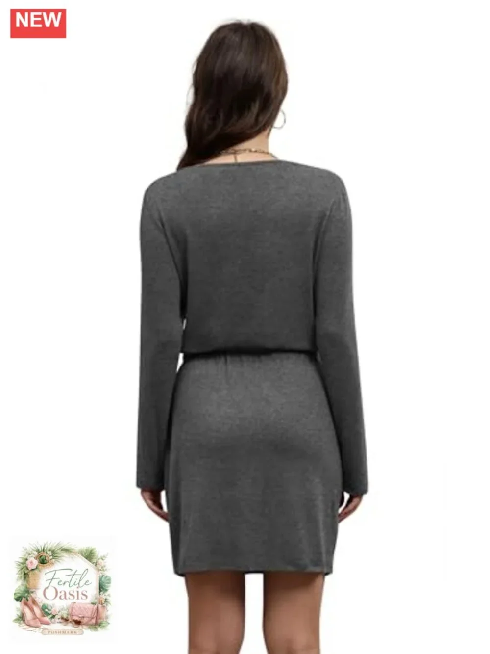 Women's Loose V-Neck Long Sleeve Tie Front A-Line Midi Dress with Pockets - Picture 4 of 6